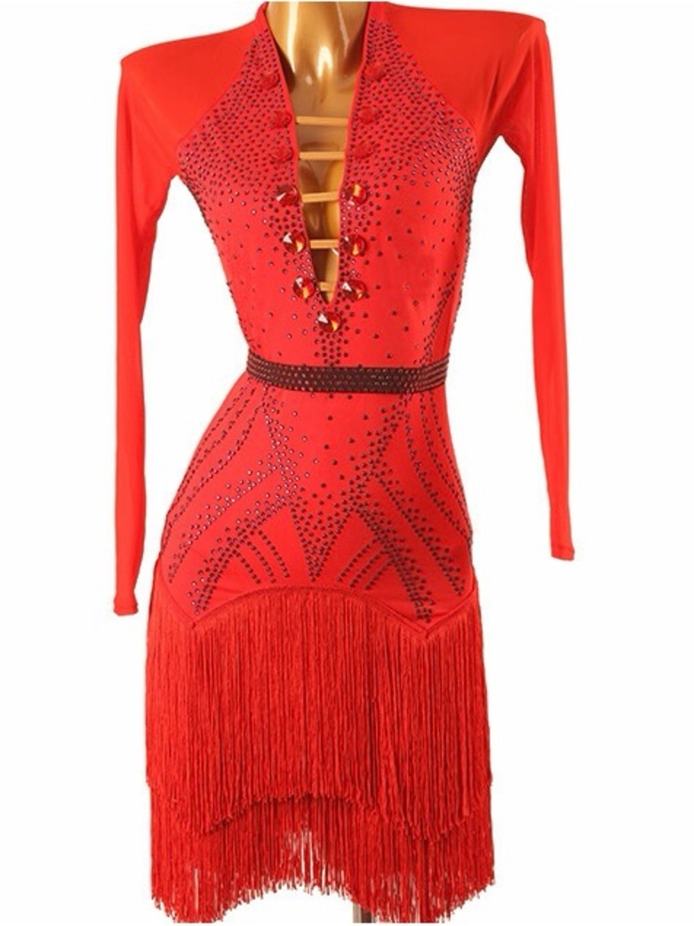 Red Long-Sleeve Fringe Dance Dress with Rhinestone Accents